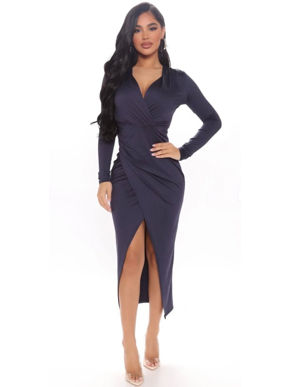 FASHION NOVA Navy Blue Eyes On Me Long Sleeve Ruched Bodycon Midi Dress NWT M